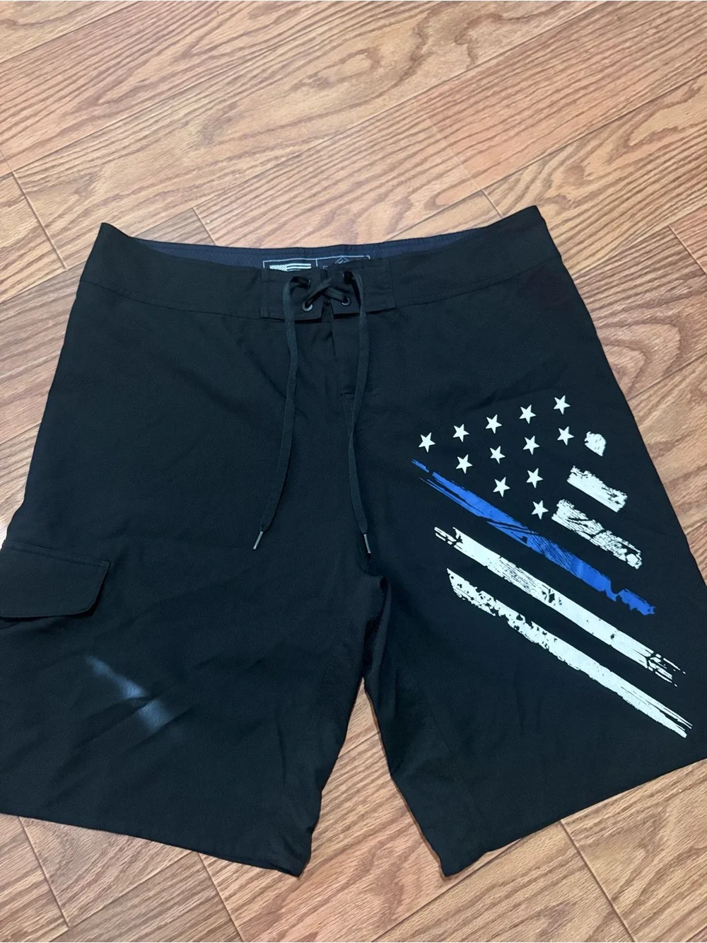 Men's Black Swim Shorts with Distressed Flag Graphic